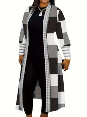 Long Sleeve Colorblock Geometric Print Casual Open Front Cardigan, Women's Clothing