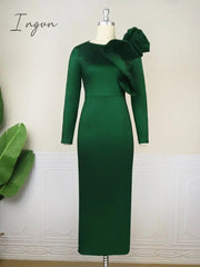 Ingvn - Dresses for Women Party Elegant Long Sleeve Asymmetric Ruffle Shimmer Midi Tight Dress Chic Evening Cocktail Birthday Night Gown