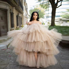 Ingvn - Hot Sale Ruffled Tulle Dress Women Puffy Hi Low Party Night Dresses Tiered Sleeveless Long Tutu Skirt Chic Photo Shoot Dress