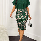 Vibrant Floral Pattern Bodycon Dress - High Elasticity, V-Neck, Contrast Mesh, Random Printed, Elegant Cape Sleeve, Polyester Knit Fabric, Spring/Summer Essential for Women - Elegant Dressing, Party, Dating, and Formal Occasi