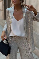 Ingvn - Casual Street Solid Sequins Cardigan Collar Long Sleeve Two Pieces