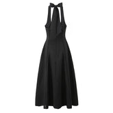 Vintage Elegant Black White Halter Midi Long Dresses Women A-line Slim Sexy Backless Dress Female Summer Party Robe