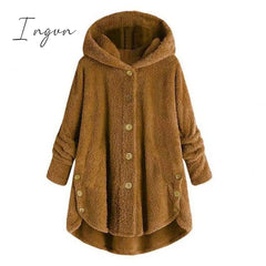 Ingvn - Women's Fleece Jacket Pullover Sherpa Fleece Teddy Button Front Pocket claret turmeric Black Solid Color Street Hoodie Plus Size Long Sleeve Fleece