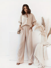 Plus Size Casual Outfits Two Piece Set, Women's Plus Solid Button Up Long Sleeve Turn Down Collar Blouse & Elastic Drawstring Wide Leg Pants Outfits 2 Piece Set