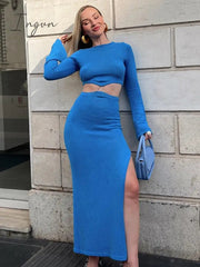Ingvn - Autumn Long Sleeve Knit Maxi Dress Women O Neck Fake Two Piece Set Sweater Dresses Female Casual Bodycon Dress Knitwear