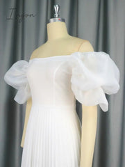 Ingvn - Women Elegant White Pleated Dresses Midi Off Shoulder Puff Sleeve A Line Cocktail Party Swing Dress Prom Summer 2023 Big Size