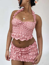Solid Women 2Piece Set Sexy Summer Elastic Halter Backless Slim Crop Tanks+Matching Ruched Ruffle Skirts Clubwear