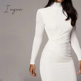 Ingvn - Summer New Women's Sexy Tight Hip Over Knee White Solid Long Sleeve High Collar Dresses Ladies 2023
