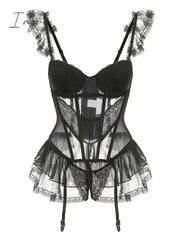 Ingvn - New Years Eve Dresses For Women Fairy Lace Mesh Sexy Black Mini Tank Summer Beach Dress Elegant Ruffles Tops Autumn Sweet Korean Women