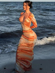 Ingvn - V Neck Print Maxi Dress Women Autumn New Long Sleeve Bodycon Long Dresses Fashion Sexy Printed Dress Elegant Clubwear