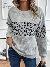 Ingvn - Women's Sweatshirt Pullover Basic Gray Leopard Casual Round Neck Long Sleeve Top Micro-elastic Fall & Winter