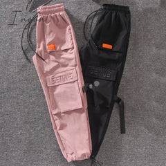 Ingvn - Women Fashion Spring Autumn Streetwear embroidery Cargo Pants Women Harajuku BF Loose Big Pocket Hearm Pants High Waist Loose Female Trousers
