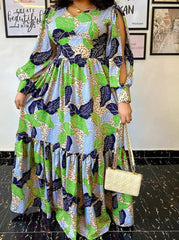 Ingvn - Summer Party Long Maxi Dress Women Long Sleeve Slit Vintage Printed Pleated Bohemian Beach Sundress Casual Vestido