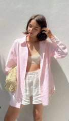 Ingvn Chic Striped Women Shirt Loose 100% Cotton Shirts Tops Ladies Casual Lapel Oversized Lace Up Blouse Women Tops Blouse