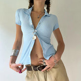Casual Striped Print Blouse Women Button Up Short Sleeve Basic Knitted Crop Tops y2k Aesthetic Basic T-shirts Streetwear