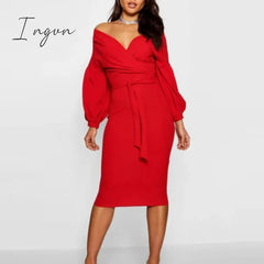 Ingvn - Spring Sexy Deep V Neck Ladies Bodycon Dress Elegant Women Solid Lantern Sleeve Sashes Party Dress Casual Female Vestidos