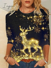 Ingvn - Women's T shirt Tee Black-T1 Snowman Reindeer Print Long Sleeve Christmas Weekend Basic Christmas Round Neck Painting