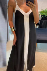 Ingvn - Sexy Color Block Contrast V Neck Sling Dress Dresses
