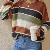 1pc Acrylic Elegant Women's Color Block Striped Pullover Sweater - Crew Neck, Long Sleeve, Regular Fit, Non-Stretch, Fall/Winter Fashion Top