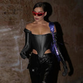 Ingvn - Satin Long Sleeve With Gloves T-shirt Women Autumn New Backless Skinny Corset Tops Ladies Sexy Club Party Tee Shirts