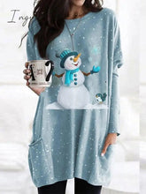 Ingvn - Women's Christmas Casual Dress T Shirt Dress Tee Dress Shift Dress Mini Dress Blue Long Sleeve Snowman Pocket Winter Fall Autumn Crew Neck Fashion Daily Date Loose Fit XS S M L XL XXL 3XL 4XL 5XL