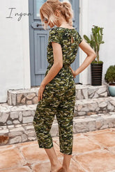 Ingvn - Camouflage Drawstring Crop Leg Jumpsuit