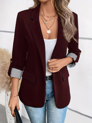 Single-Breasted Label Neck Blazer, Elegant Long Sleeve Blazer For Office & Work, Women's Clothing