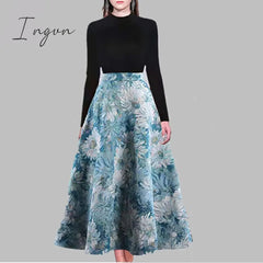 Ingvn - Autumn And Winter Black Knit Sweater + Vintage Jacquard High Waist Big Swing Two Piece Skirt Suit Knitting Sweater Dress Set