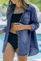 Ingvn- Casual Solid Pocket Turndown Collar Long Sleeve Loose Denim Jacket