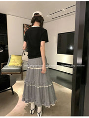 Japanese Vintage Lace Cake Skirt Plaid Edge of Fungus Skirts for Woman Summer Slim Long Dress Korean Fashion Faldas