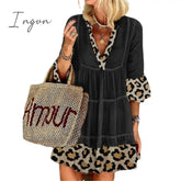 Ingvn - Summer Women's Fashion Leopard Print Stitching Cotton and Linen Dress Loose Casual Bohemian Mid-length Dress Party Beach Dress