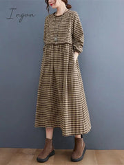 Ingvn - 2023 New Fashion Plaid Patchwork Lace Long Sleeve Autumn Dress Cotton Linen Office Lady Work Dress Women Casual Spring Dress