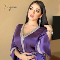 Ingvn - Siskakia Satin Maxi Dress For Women Turkey Arabic Diamond V Neck Long Sleeve Jalabiya Muslim Islamic Ethnic Fall New