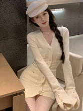 2K Autumn Women's Knitted Dress New Fashion V-Neck Long Sleeve Single Breasted Bodycon Party Mini Dresses Solid Casual Vestidos