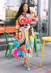 Ingvn - Loose Casual Dress Printed Long Sleeve Dress Fashion Dresses for Women England Pleated Squsre Collar Dress