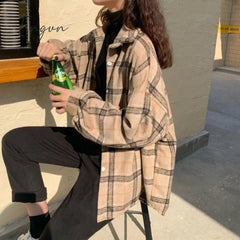 Ingvn - Women Blouses Turn-down Collar Spring Shirts Plaid All-match BF Batwing-sleeve Loose Outwear Harajuku Female 4 Colors Chic New