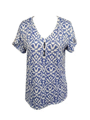 Vibrant Graphic Print Button Front V-Neck T-Shirt - Casual Cut Out Design, Soft Fabric, Spring & Summer Essential, Women's Fashion Clothing for Everyday Wear