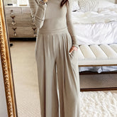 Chic Solid Two-Piece Set - Soft Knit Crew Neck Top & High Waist Wide Leg Pants - Comfortable Casual Outfit for Women