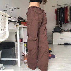 Ingvn - Fashion Women's Jeans Y2K High Street Waist Denim Trousers Drawstring Waist Flap Pocket Baggy Jeans Loose Women's Classic Pants