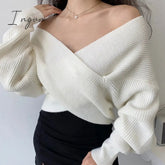 Ingvn - Criss-cross V-neck Knitted Sweater Women Long Sleeve Jumper Femme Sexy Elegant Party Clubwear Pullover Knit Tops Female