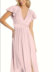 Ladies Deep V-neck Slit Elegant Formal Wedding Guest Cocktail Party Date Dance Maxi Dress