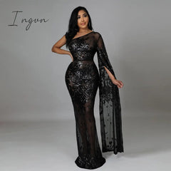Ingvn - Sexy Mesh See Though Evening Dresses Sequins Women Dress Dress One Shoulder Night Party Clothing Skew Collar Vestidos