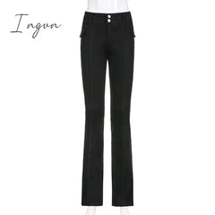 Ingvn - Indie Aesthetics Slim Low Waist Flare Pants E-girl Vintage Pockets Solid Y2K Pants Autumn 90s Fashion Black Trousers