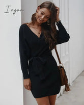 Ingvn - Sexy Bodycon Wrap Sweater Dress Women Autumn Long Sleeve Sashes Tied Mini Casual Cotton Knitted Elegant Winter Dress Cloth