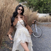 Pphmm 2000s fashion Pure Desire Temperament Sling Dress Women's Early Autumn Popular Suit Retro Motorcycle Short Coat Two-Piece Set