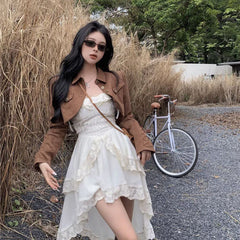 Pphmm 2000s fashion Pure Desire Temperament Sling Dress Women's Early Autumn Popular Suit Retro Motorcycle Short Coat Two-Piece Set