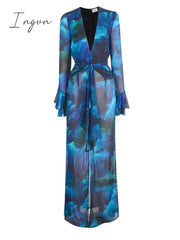 Ingvn - Chiffon Print Maxi Dress Women V Neck Flare Sleeve With Belt High Split Dresses Female Loose Sexy Beach Holiday Dress