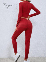 Ingvn - Women's Crop Top Pants Sets Black Red Khaki Solid Color Long Sleeve Casual Daily Fashion Round Neck Regular Fit Spring & Fall