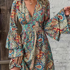 Stunning Paisley Print V-Neck A-Line Dress - Elegant Layered Sleeve, Flowy, Comfortable, Vacation-Ready - Women's Clothing for Elegant Occasions