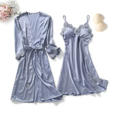 Ingvn - Yellow Robes Suit Autumn Women Nightgown Sets 2 Pieces Nightdress Bathrobe With Chest Pad Female Satin Kimono Bath Gown Sleepwea